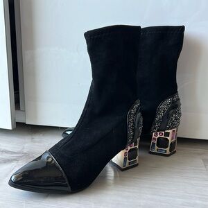 Bejeweled suede booties